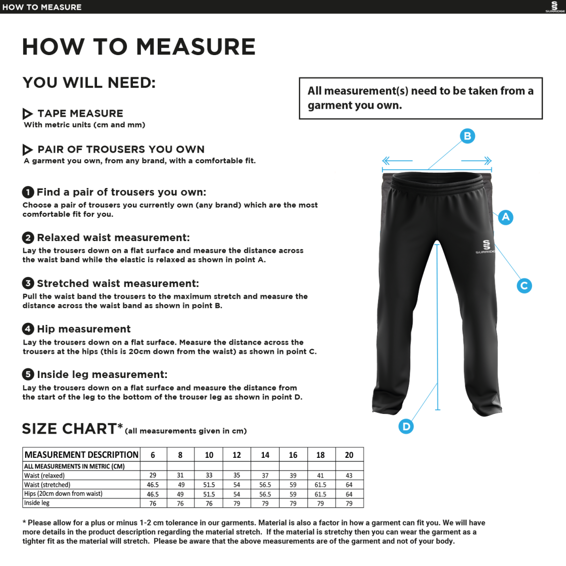 Limerick CC - Women's Rip Stop Track Pant - Size Guide