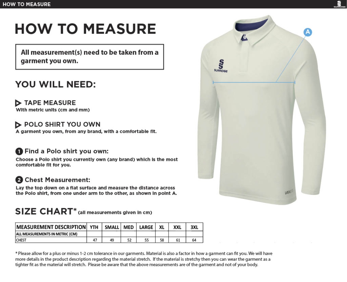 Limerick CC - Ergo Long Sleeve Green Trim Shirt - Size Guide