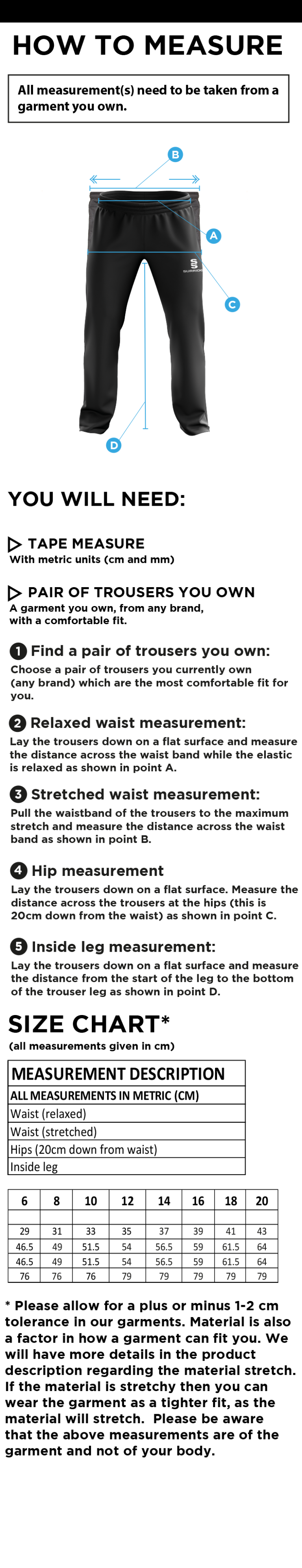 Limerick CC - Women's Rip Stop Track Pant - Size Guide