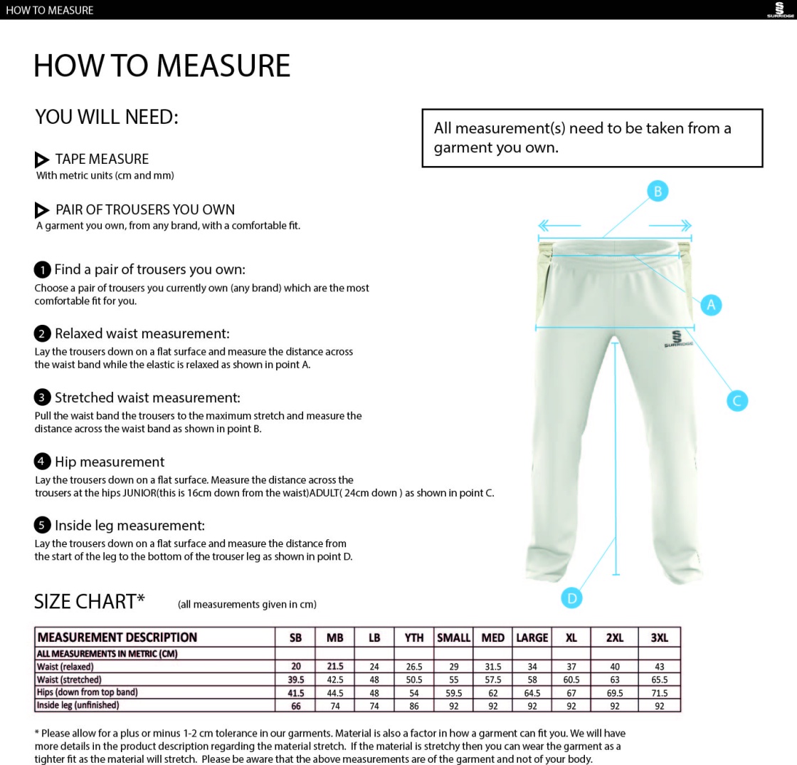 Limerick CC - Standard Playing Pant - Size Guide