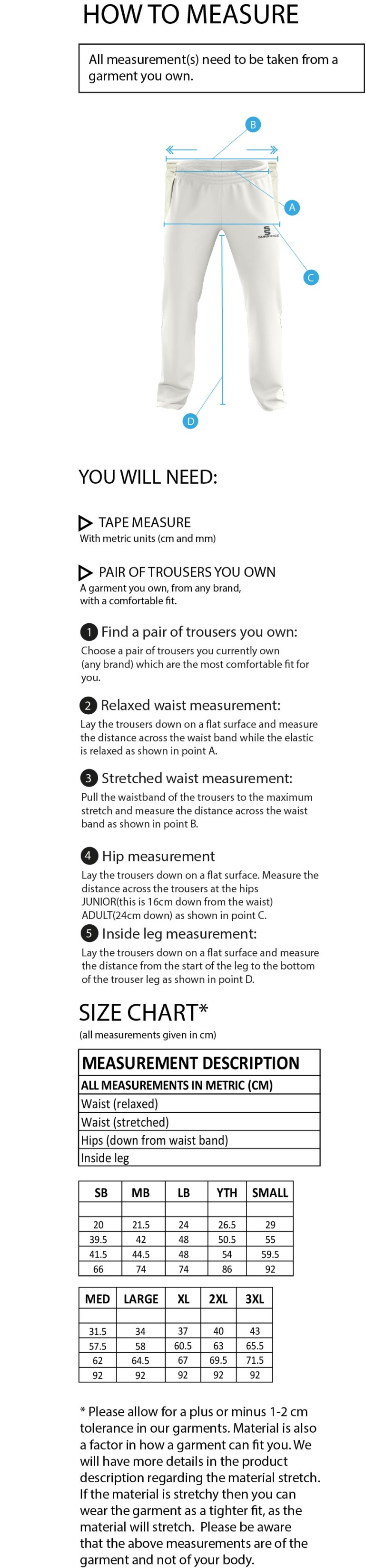 Limerick CC - Standard Playing Pant - Size Guide
