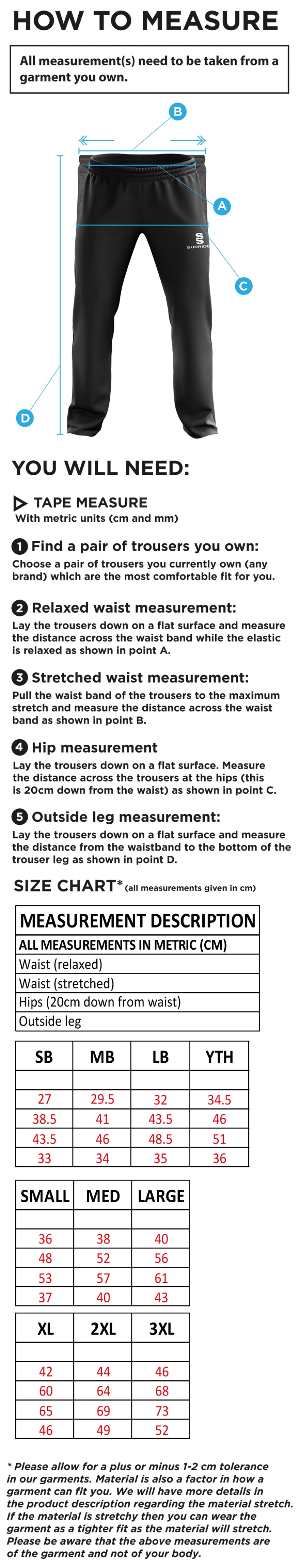 Limerick CC - Ripstop Track Pant - Size Guide