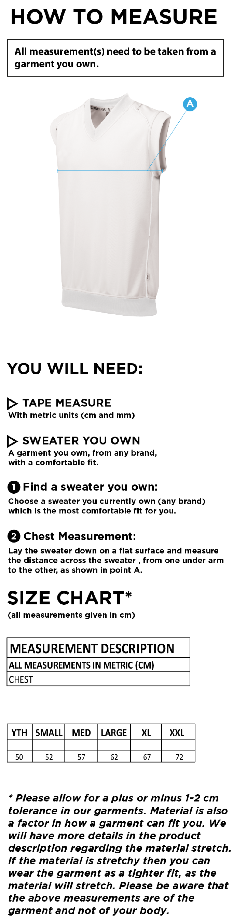 Limerick CC - Sleeveless Sweater Green Trim - Size Guide