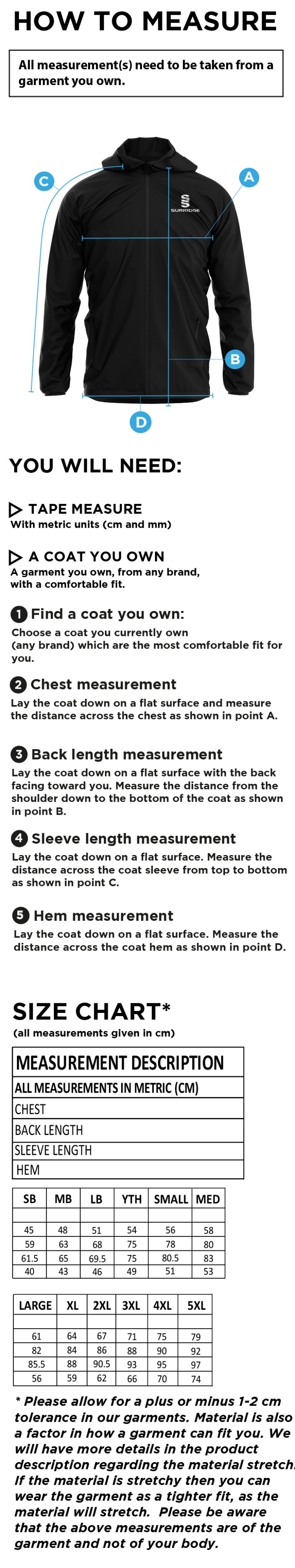 Limerick CC - Training Jacket - Size Guide