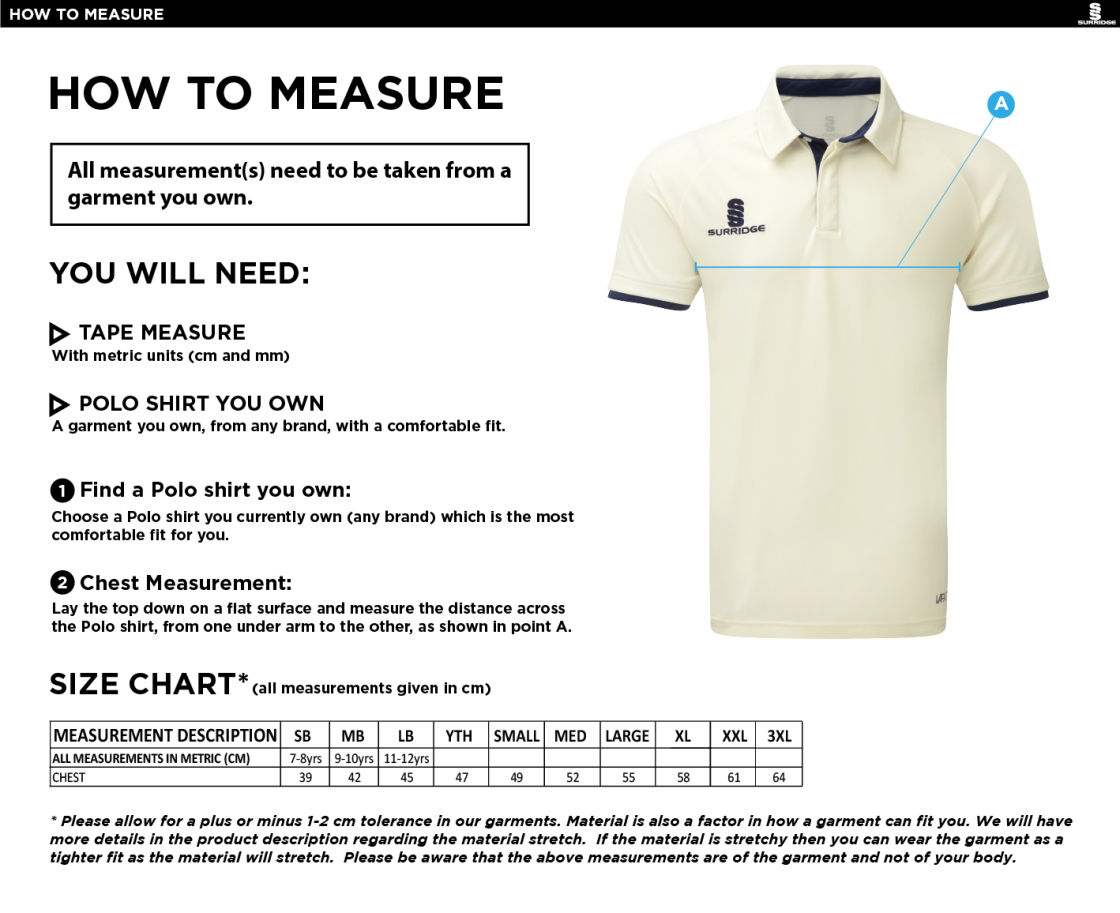Limerick CC - Ergo Short Sleeve Green Trim Shirt - Size Guide