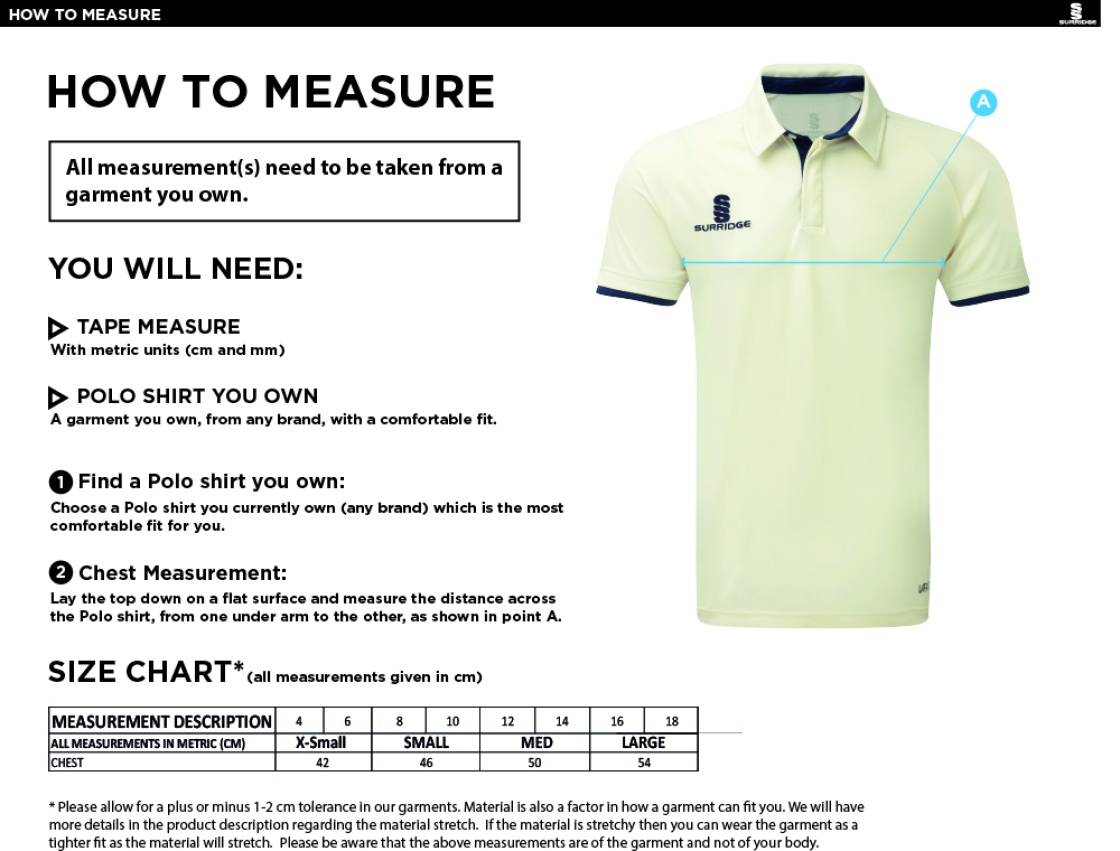 LIMERICK CC Dual Cricket Shirt Short Sleeve Womens - Size Guide