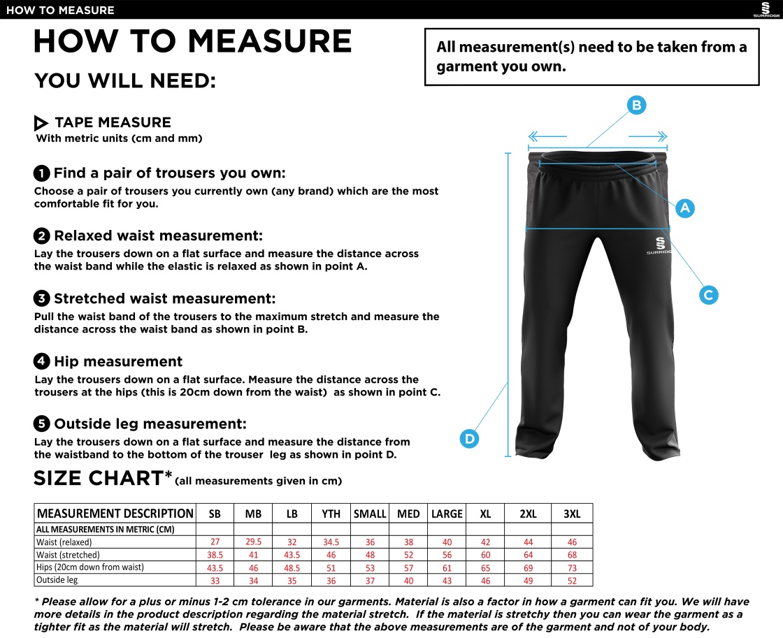Limerick CC - Ripstop Track Pant - Size Guide