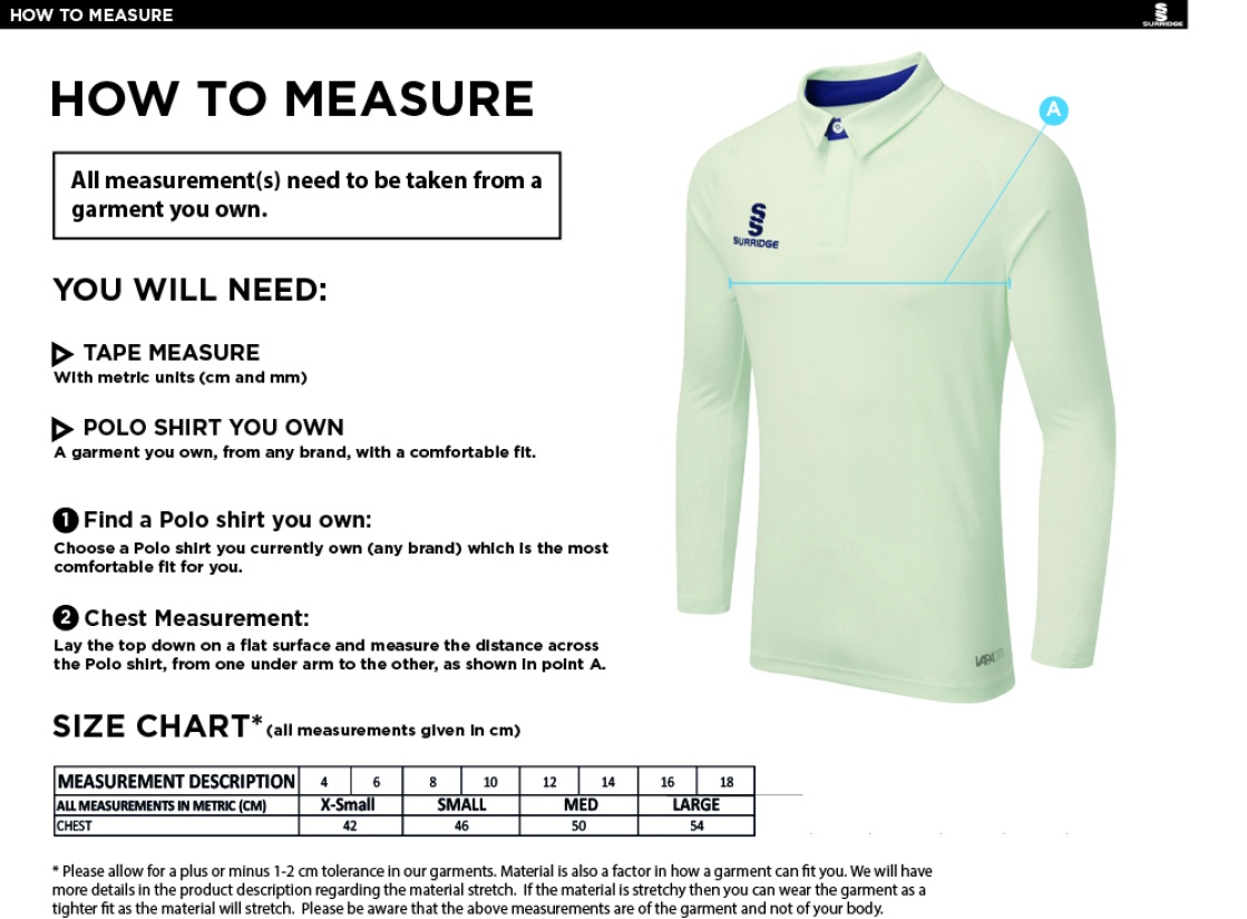 LIMERICK CC DUAL LONG SLEEVE CRICKET SHIRT (WOMENS)-Ivory - Size Guide