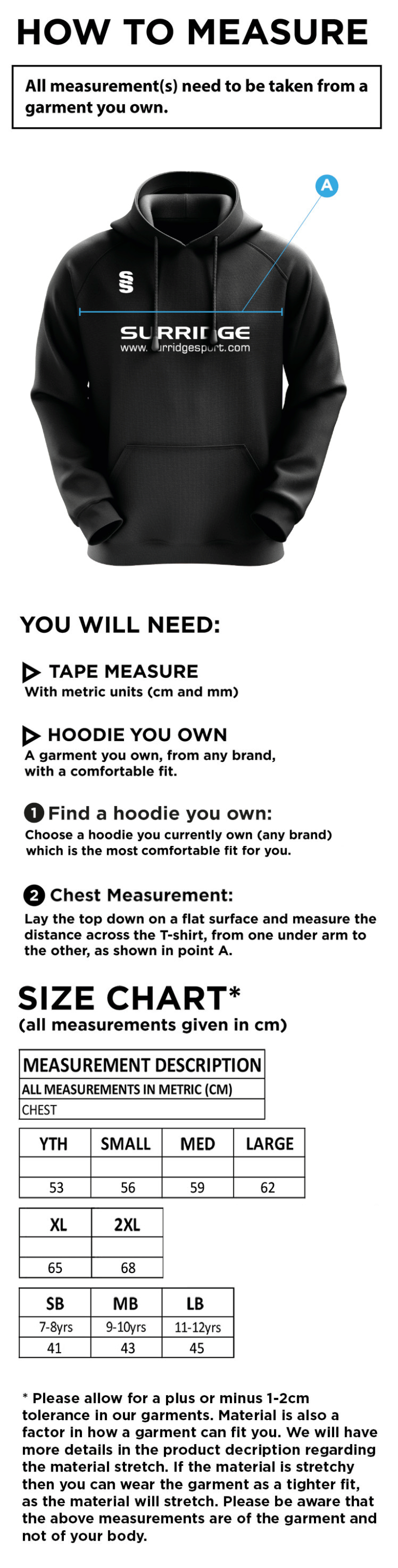 Limerick CC - Blade Hoody - Size Guide