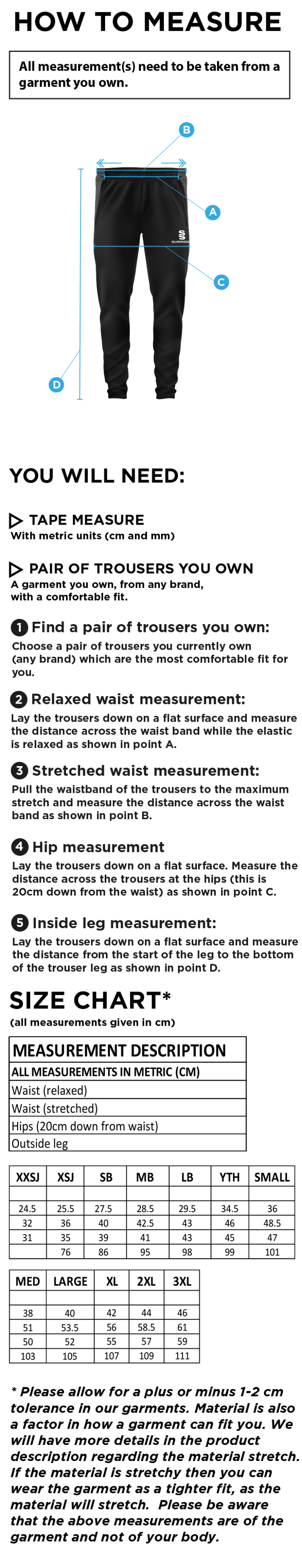 Limerick CC - Tek Slim Pant - Size Guide