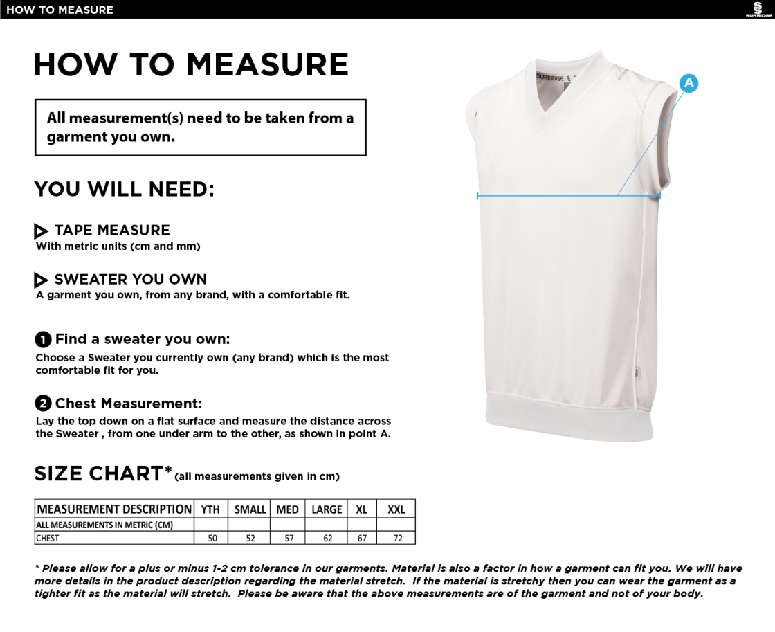 Limerick CC - Sleeveless Sweater Green Trim - Size Guide