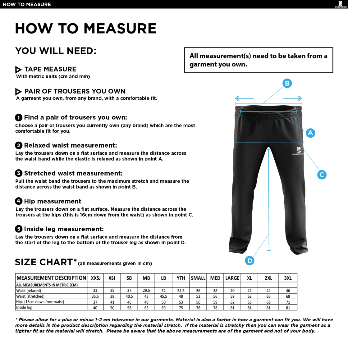 LIMERICK CC Classic Tracksuit Pant 3/4 Zip Length Navy Mens - Size Guide
