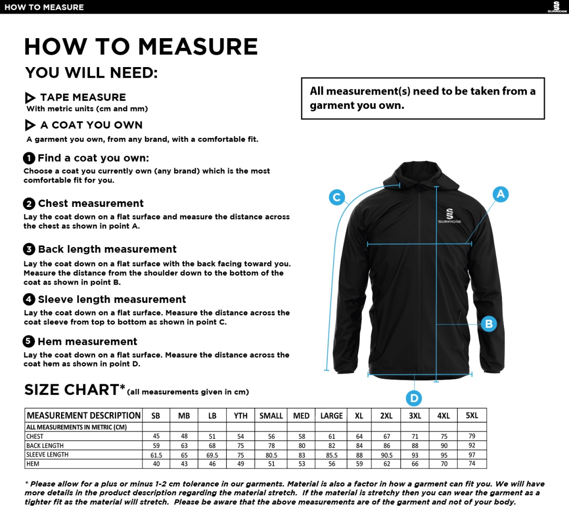 Limerick CC - Training Jacket - Size Guide