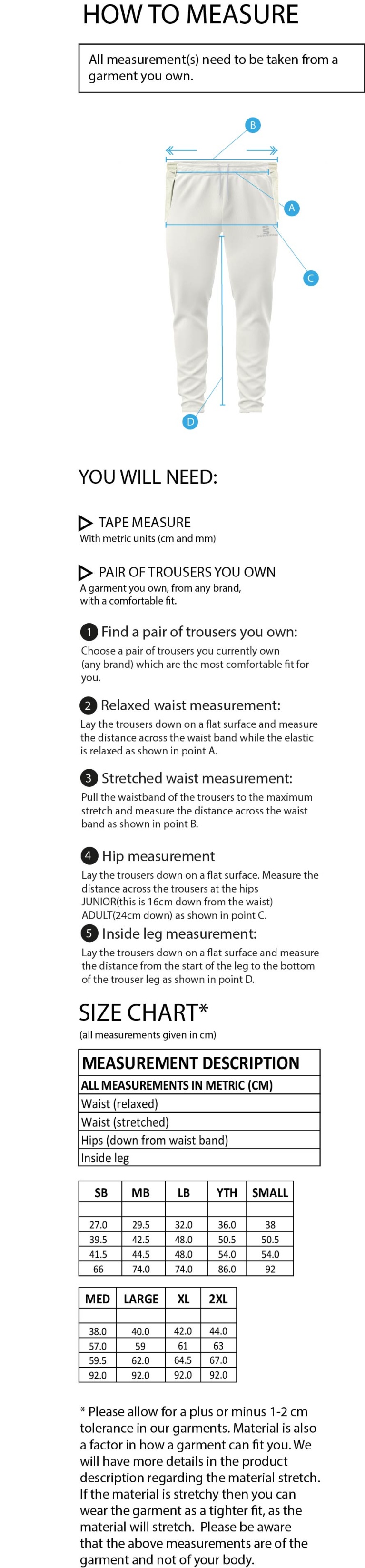 Limerick CC - Tek Playing Pant - Size Guide